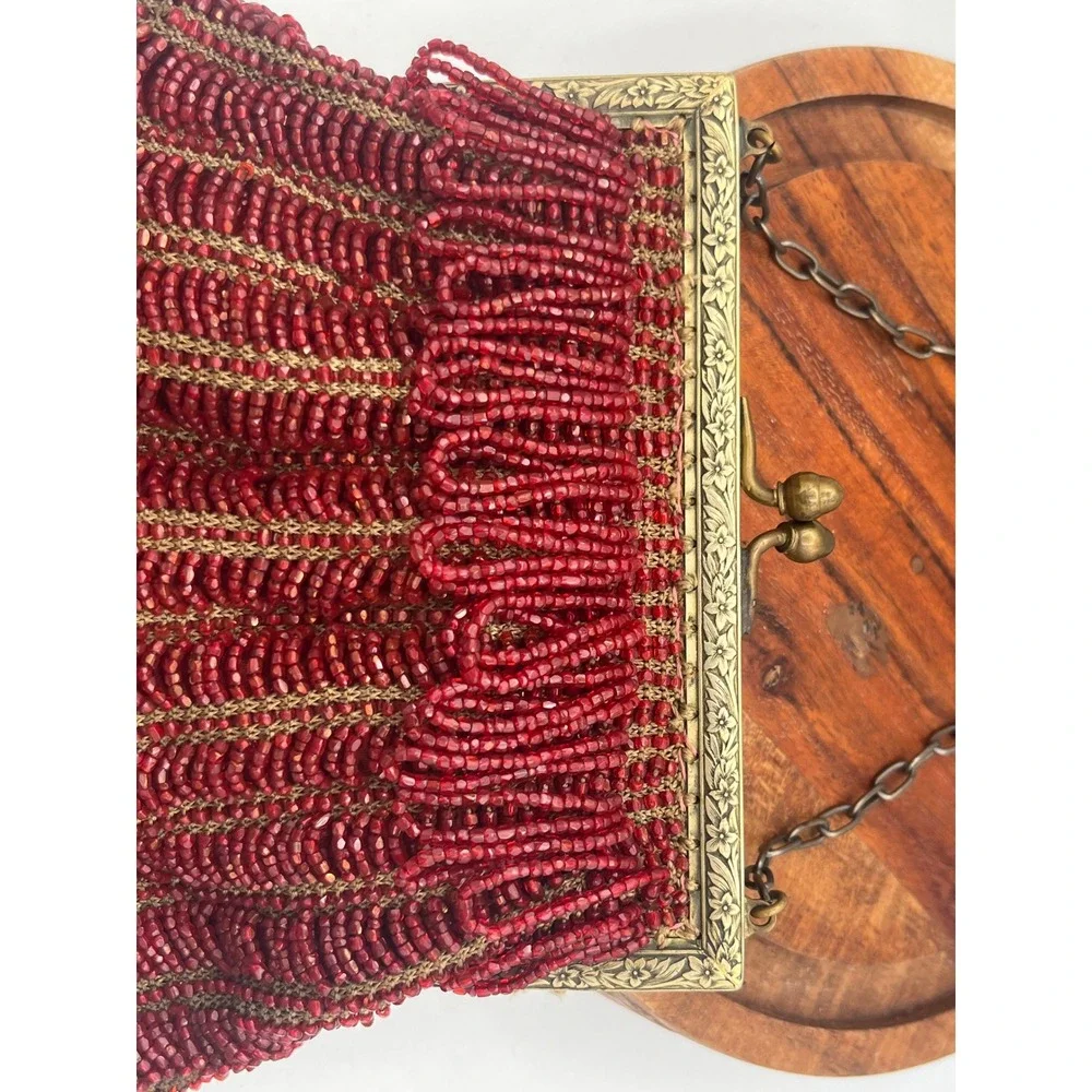 Antique 1920s‎ Red Micro Beaded Fringe Purse Art Deco Floral Brass Frame Flapper